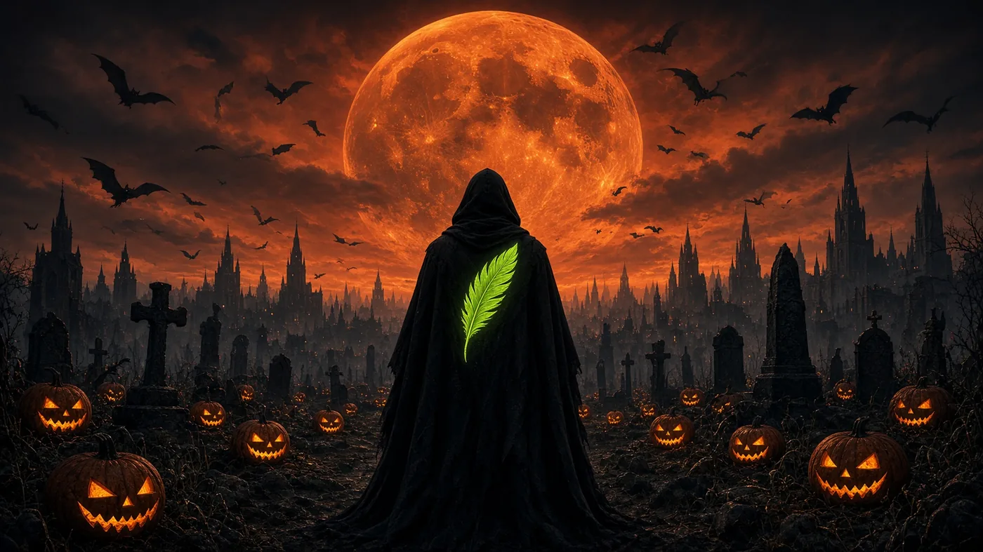 Cloaked Hoodoween figure under a blood moon